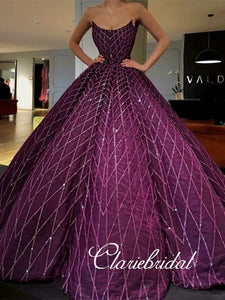 Strapless Long Ball Gown Purple Sequin Tulle Prom Dresses, Lovely Prom Dresses, Long Prom Dresses