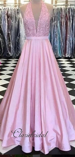 Deep V-neck Halter Prom Dresses, A-line Satin Long Prom Dresses 2019