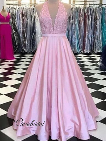 Deep V-neck Halter Prom Dresses, A-line Satin Long Prom Dresses 2019