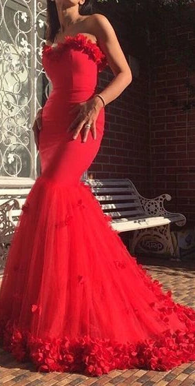 Sweetheart Red Mermaid Prom Dresses, Jersey Tulle Prom Dresses, Long Prom Dresses