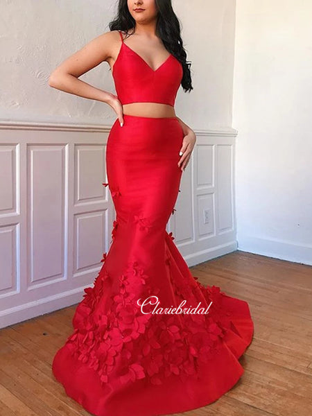 Two Pieces Appliques Long Prom Dresses, Mermaid Prom Dresses