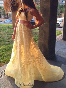 Two Pieces Yellow Prom Dresses Long, A-line Lace Prom Dresses