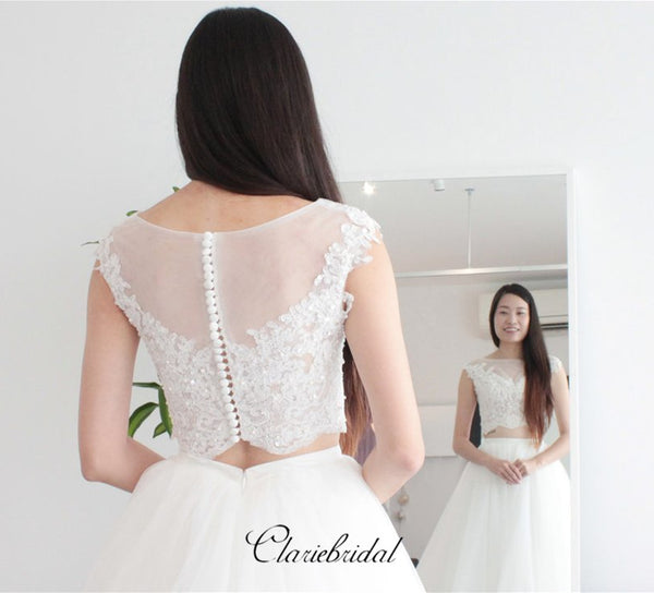 Cap Sleeves Two Pieces Lace Wedding Dresses, A-line Tulle Wedding Dresses