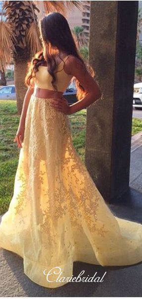Two Pieces Yellow Prom Dresses Long, A-line Lace Prom Dresses