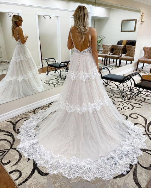 Spaghetti Long A-line Ivory Lace Tulle Wedding Dresses, Popular Wedding Dresses, Bridal Gown