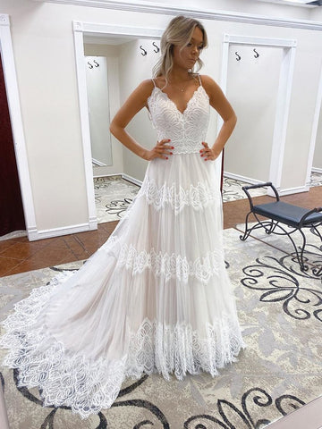 Spaghetti Long A-line Ivory Lace Tulle Wedding Dresses, Popular Wedding Dresses, Bridal Gown