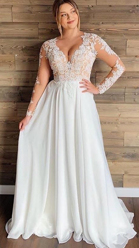 Long Sleeves Lace Chiffon Wedding Dresses, Simple Country Wedding Dres – ClaireBridal