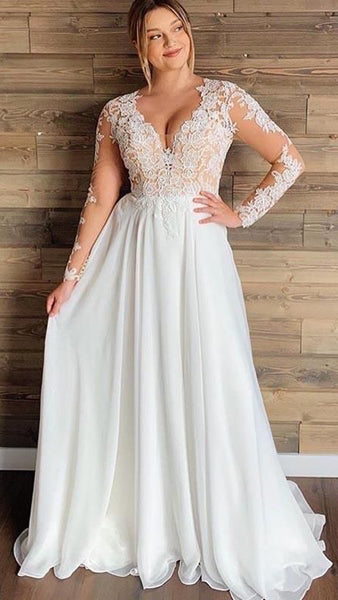 Long Sleeves Lace Chiffon Wedding Dresses, Simple Country Wedding Dresses, Bridal Gown