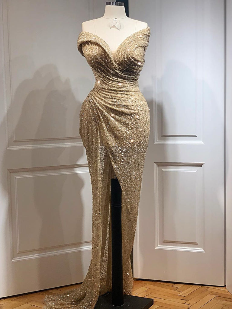 Strapless Champagne Gold Sequin Beaded Prom Dresses, Long Prom Dresses ClaireBridal Strapless Champagne Gold Sequin Beaded Prom Dresses, Long Prom Dresses ClaireBridal