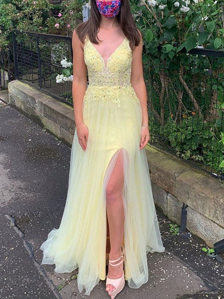 Popular V-neck Lace 2021 Long Prom Dresses, Side Slit Newest Evening Party Dresses
