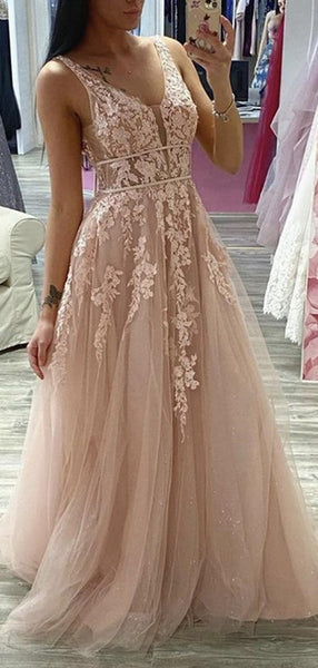 A-line V-neck Lace Long Prom Dresses, Formal Popular Lace 2021 Prom Dresses
