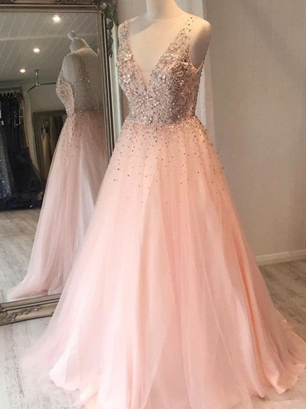 A Line V Neck Sequins Pink Long Prom Dress, Appliquqes 2021 Evening Party Prom Dresses