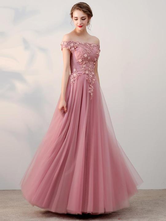 Off Shoullder Dusty Pink Tulle Appliques Prom Dresses, Long Prom Dresses
