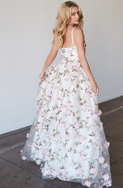 Spaghetti Floral Organza Prom Dresses, Newest Long Prom Dresses, Popular Prom Dresses
