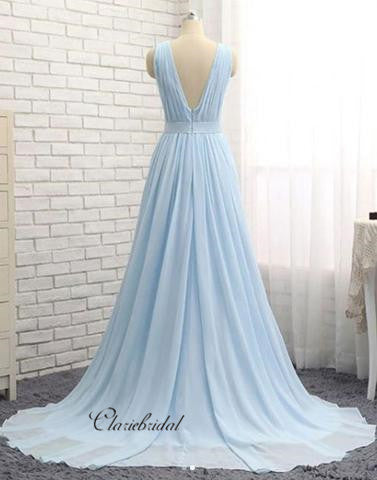 Deep V-neck Light Blue Prom Dresses, Cheap A-line Prom Dresses, Long Chiffon Prom Dresses