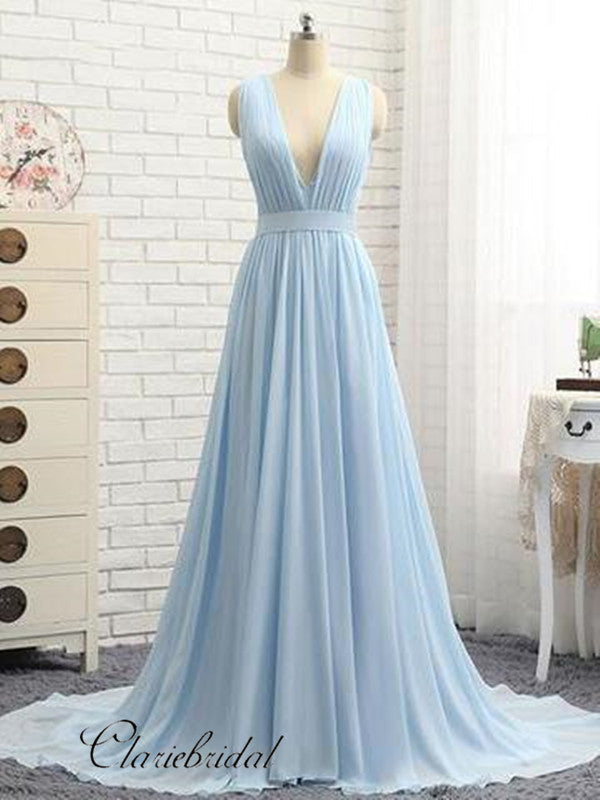 Deep V-neck Light Blue Prom Dresses, Cheap A-line Prom Dresses, Long Chiffon Prom Dresses