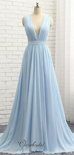 Deep V-neck Light Blue Prom Dresses, Cheap A-line Prom Dresses, Long Chiffon Prom Dresses