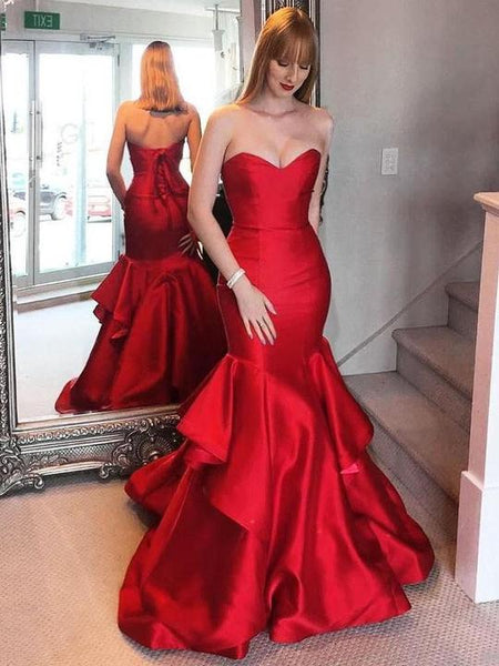 Sweetheart Red Elastic Satin Prom Dresses, Lace Up Prom Dresses, Long Prom Dresses