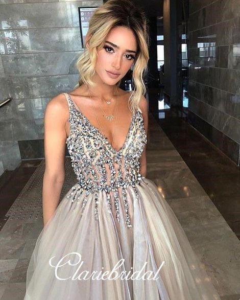 Light Grey Beaded Tulle Prom Dresses, Side Slit Prom Dresses, Long Prom Dresses