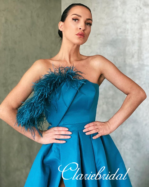 One Shoulder Long A-line Blue Satin Feather Prom Dresses, Side Slit Chic Prom Dresses, Long Prom Dresses