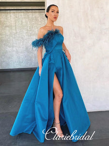 One Shoulder Long A-line Blue Satin Feather Prom Dresses, Side Slit Chic Prom Dresses, Long Prom Dresses