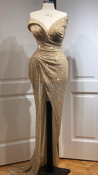 Strapless Champagne Gold Sequin Beaded Prom Dresses, Long Prom Dresses, Popular Prom Dresses