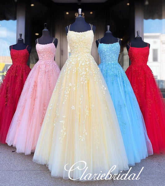 A-line Lace Popular Tulle Prom Dresses, Long Prom Dresses, Beaded Prom Dresses, Affordable Prom Dresses