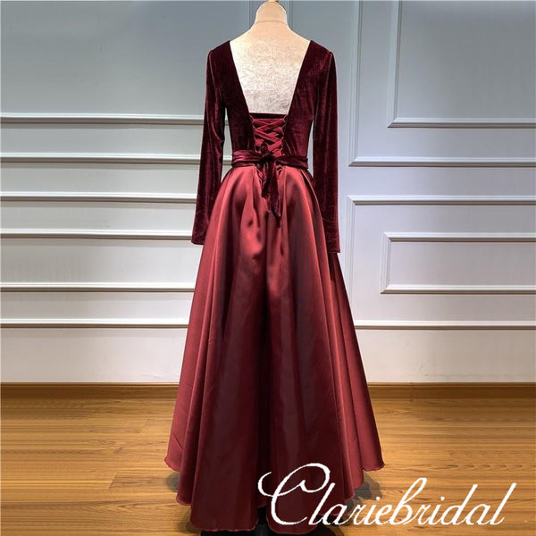 Velvet Top Long A-line Satin Prom Dresses, Long Sleeves Prom Dresses, Popular Long Prom Dresses