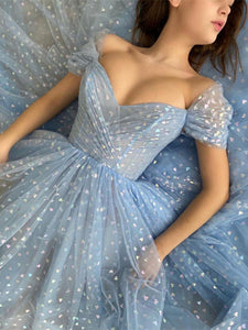 Off Shoulder Tea Length A-line Prom Dresses, Blue Tiny Heart Long Princess Dresses, 2022 Prom Dresses, Newest Affordable Prom Dresses