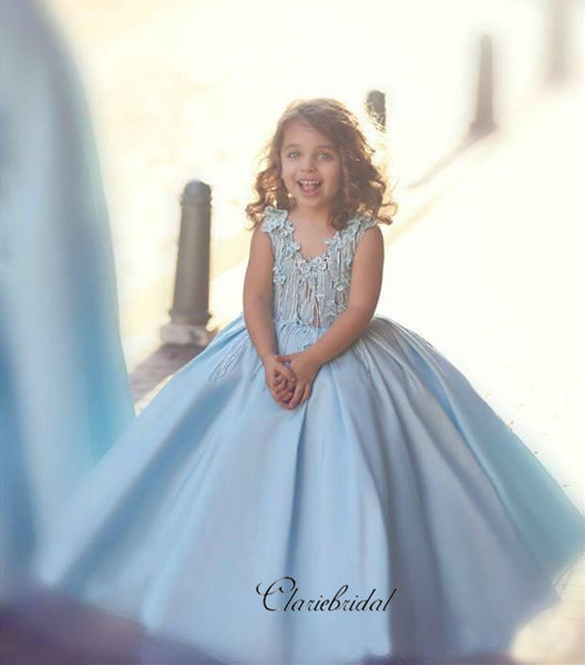 Appliques Satin Flower Girl Dresses, Fancy A-line Wedding Girl Dresses