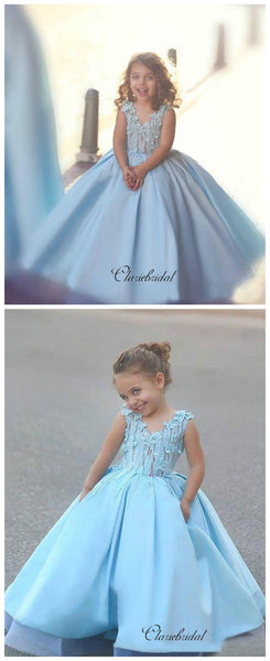 Appliques Satin Flower Girl Dresses, Fancy A-line Wedding Girl Dresses