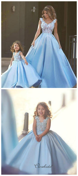 Appliques Satin Flower Girl Dresses, Fancy A-line Wedding Girl Dresses