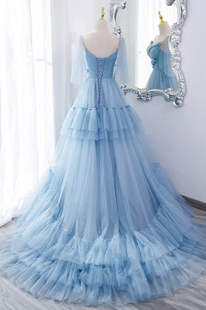 Lovely Purple Tulle Ruffled Prom Dresses, Lace up Long Prom Dresses, Popular Prom Dresses, Cheap 2022 Prom Dresses
