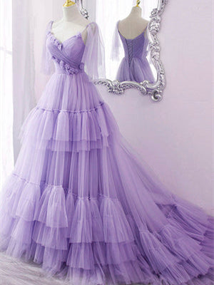 Lovely Purple Tulle Ruffled Prom Dresses, Lace up Long Prom Dresses, Popular Prom Dresses, Cheap 2022 Prom Dresses
