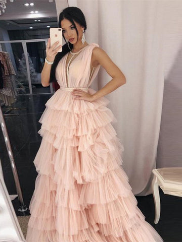 Deep V-neck Layers of Tulle Prom Dresses, Long Prom Dresses, Affordable Prom Dresses, 2021 Prom Dresses