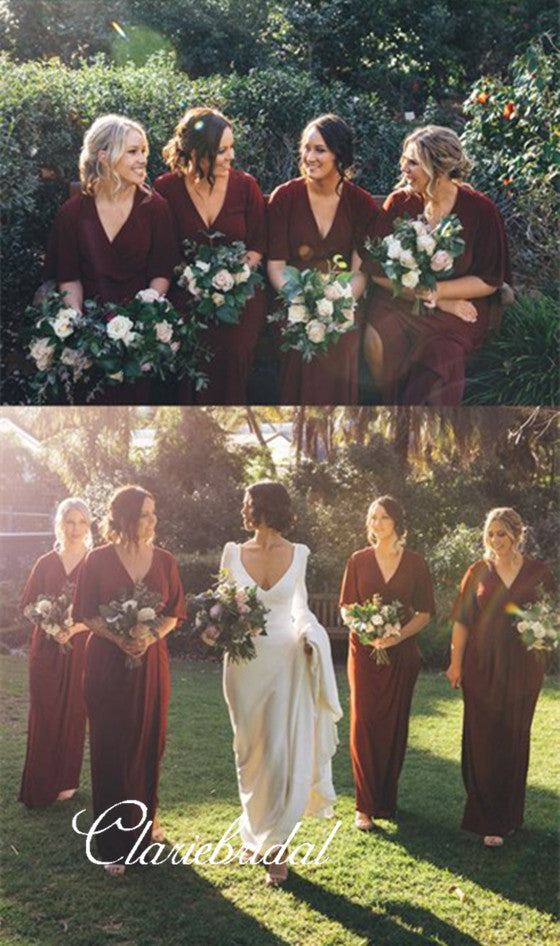 Half Sleeves A-line Burgundy Jersey Long Bridesmaid Dresses – ClaireBridal