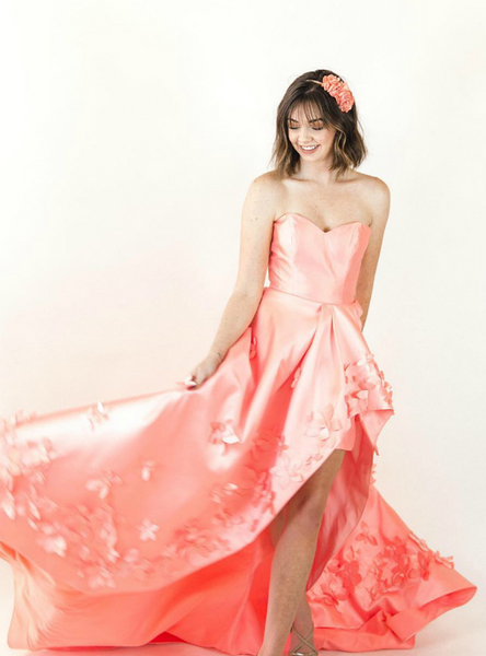 Sweetheart Hi-low Satin Prom Dresses, 3D Flowers Prom Dresses, Lovely 2020 Prom Dresses