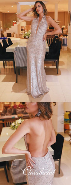 Halter Backless Sequin Sheath Prom Dresses, Long Bridesmaid Dresses