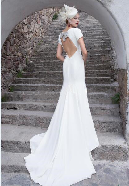 Chic Scoop Neck Bridal Gowna, Cap Sleeves Long Wedding Dresses,