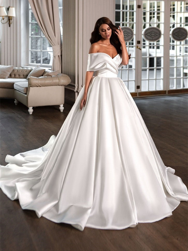 Off Shoulder Ivory Satin Wedding Dresses, A-line Wedding Dresses, Elegant Wedding Dresses With Long Train, Bridal Gown