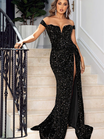 Off Shoulder Black Sequin Long Prom Dresses, Mermaid Prom Dresses, High Slit Prom Dresses, Shiny Prom Dresses, 2022 Prom Dresses