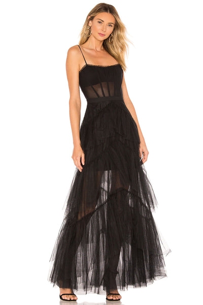 Spaghetti Ruffled Black Prom Dresses,Tulle Prom Dresses, Chic Long Prom Dresses, Formal Dresses