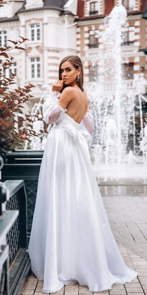 Sweetheart Long A-ine Side Slit White Organza Wedding Dresses, Bridal Gown, Popular Long Wedding Dresses