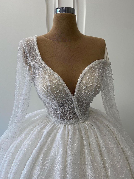 Gorgeous Sequin Lace Long Ball Gown Wedding Dresses, Long Sleeves Wedding Dresses, 2021 Wedding Dresses