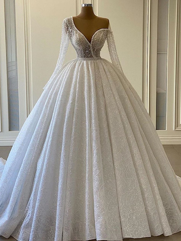 Gorgeous Sequin Lace Long Ball Gown Wedding Dresses, Long Sleeves Wedding Dresses, 2021 Wedding Dresses