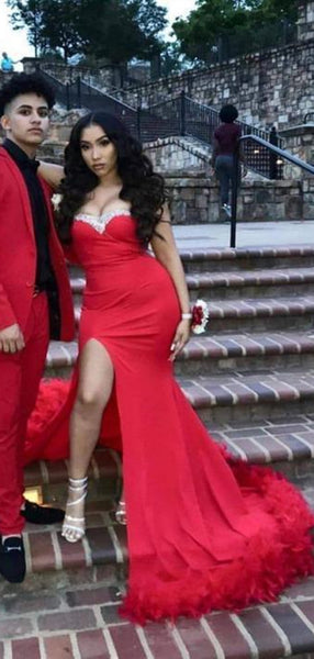 Red Color High Side Slit Long Prom Dresses, Sweetheart Newest 2021 Prom Dresses