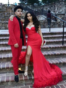 Red Color High Side Slit Long Prom Dresses Sweetheart Newest 2021