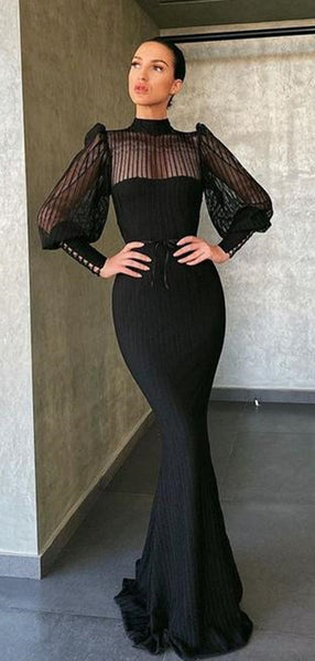 Black Color Evening Party Prom Dresses, Mermaid Design Long Sleeves 2021 Prom Dresses