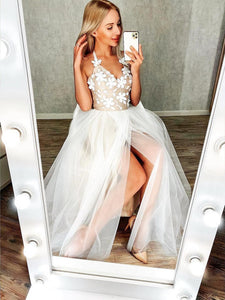 A-line Halter Appliques Long Prom Dresses, Appliques High Slit Tulle Prom Dresses 2021