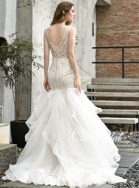 V-neck Long Mermaid Lace Beaded Wedding Dresses, Elegant Long Bridal Gown, Wedding Dresses